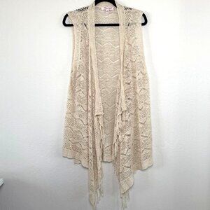 Boho Crochet Fringe Vest Open Front Neutral Beige Size XL Festival Cowgirl